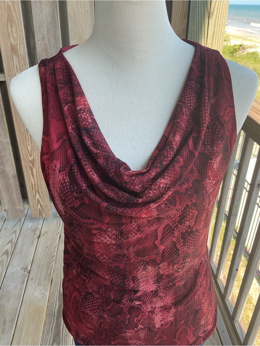 White House Black Market Burgundy Snake-Print Cowl Neck Tank - Picture 3 of 15